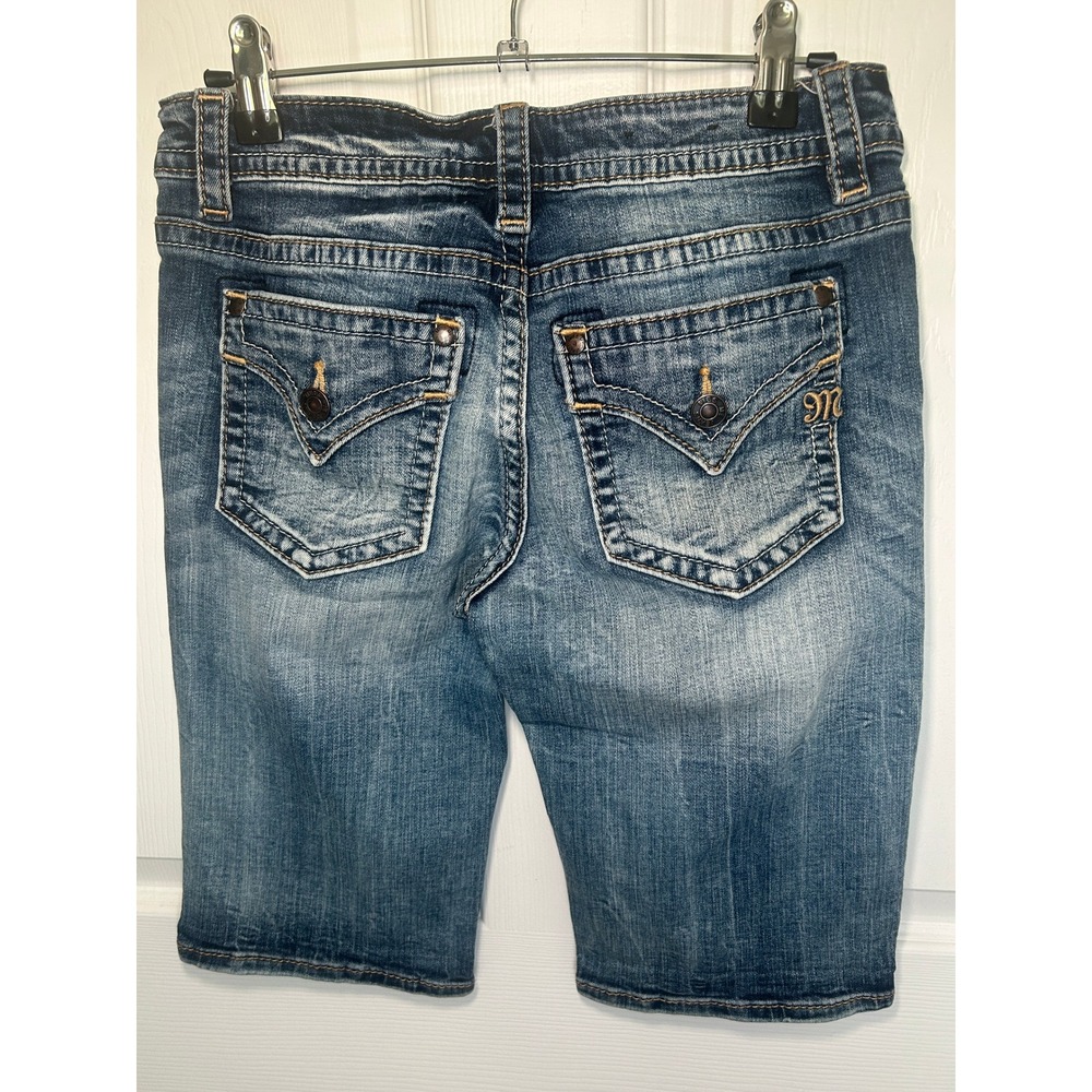 Miss Me Bermuda Shorts 26 Blue Mid Rise Flap Pocket Rhinestone Stretch Jorts
